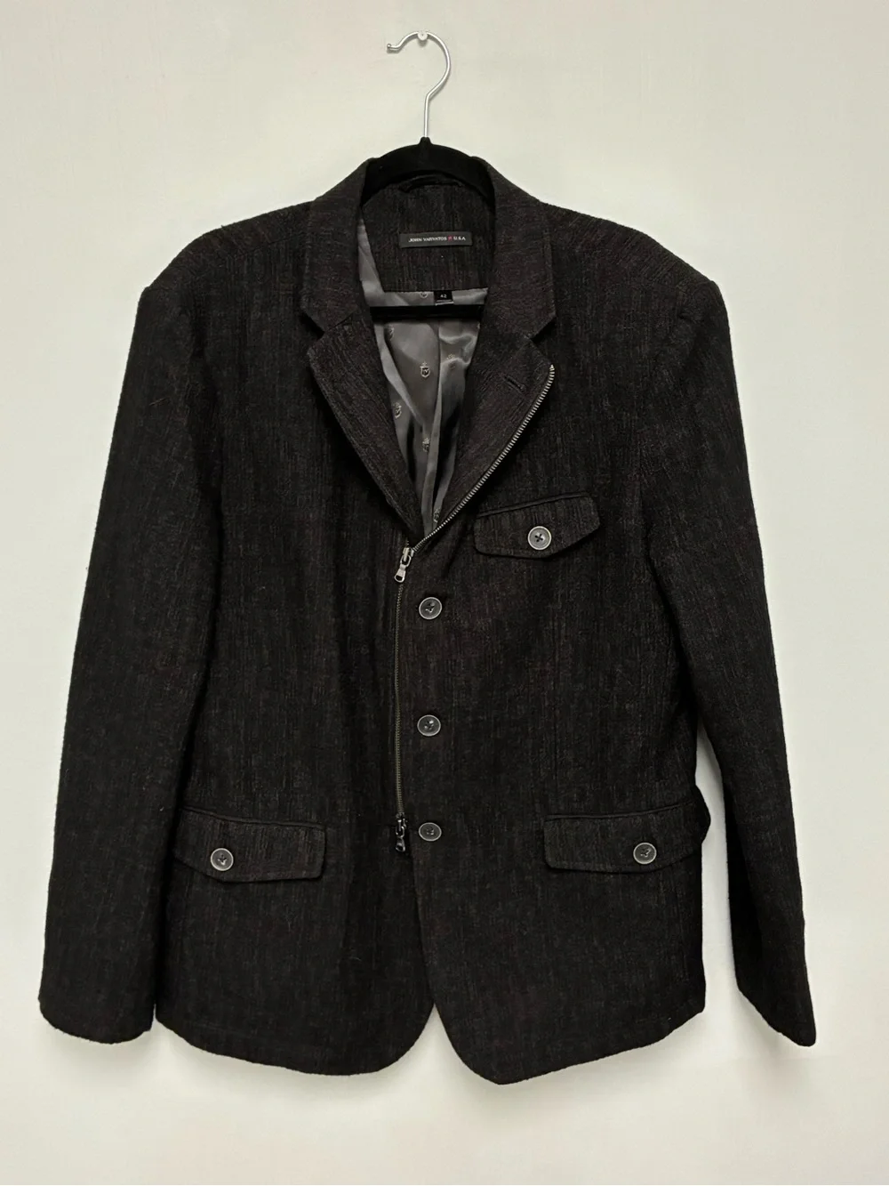 $1298 New John Varvatos Textured Asymmetric Zip Front Jacket Size EU 52 USA 42